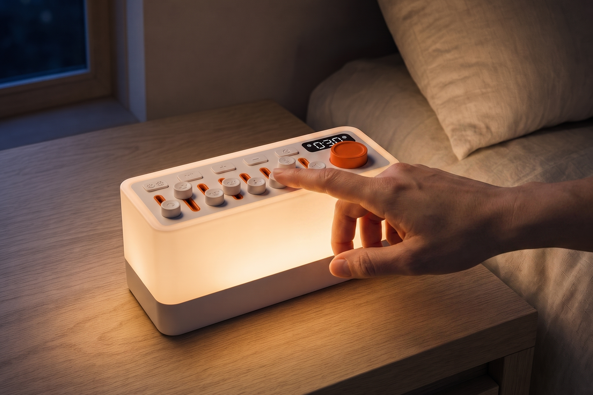 A hand reaching to the device on a bedside table at night, lit only by its own warm amber glow. No phone is involved.