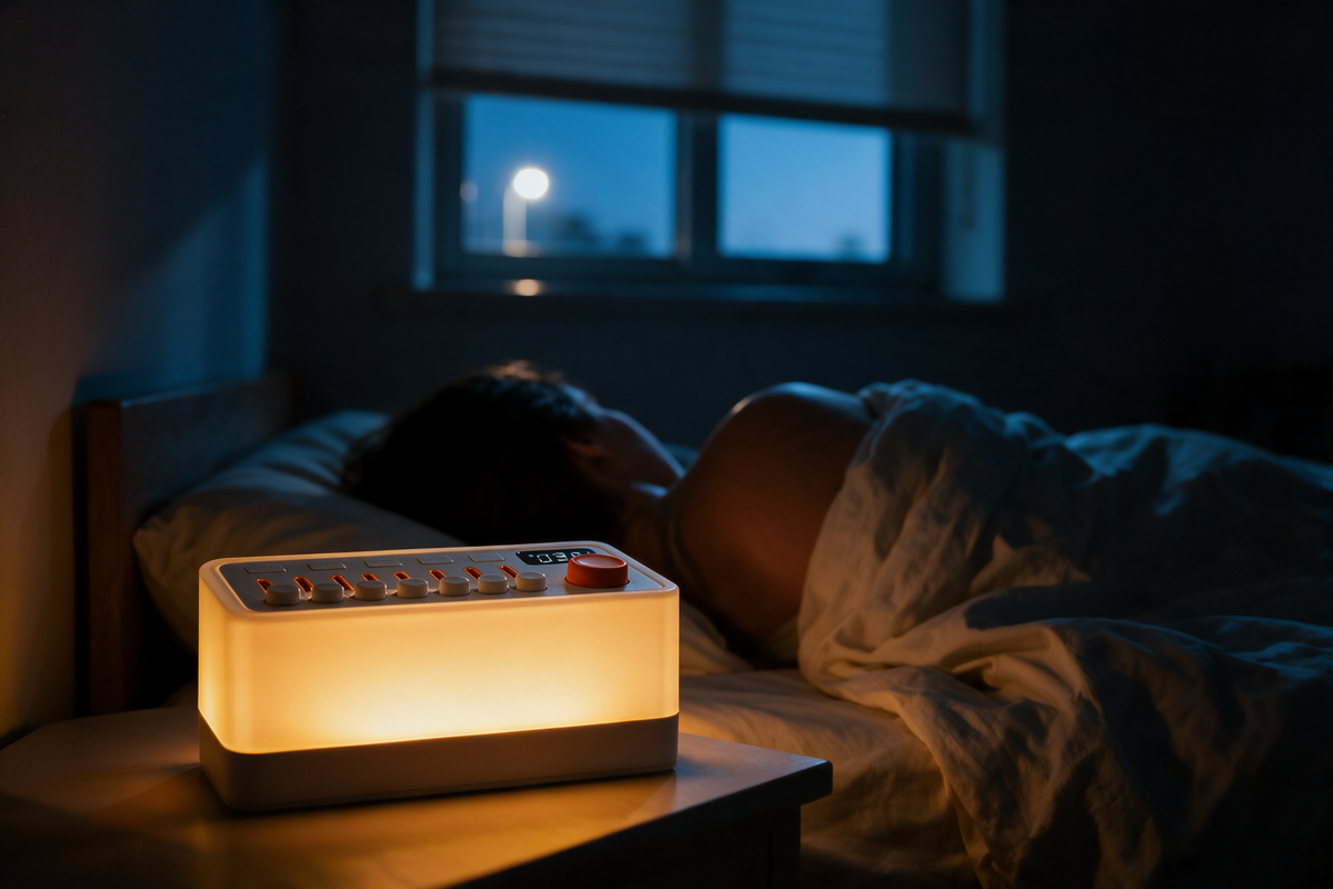 A bedroom at night. Cold street light stays outside the window while the device fills the room with warm amber light, and the sleeper does not stir.