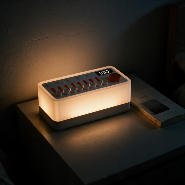 The device glowing on a bedside surface in a thin wall.