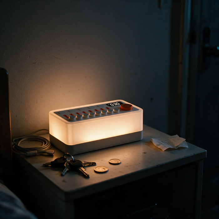 The device glowing on a bedside surface in a shared flat.
