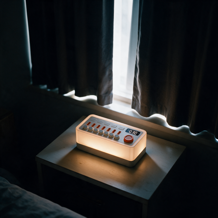 The device glowing on a bedside surface in a day sleeper.