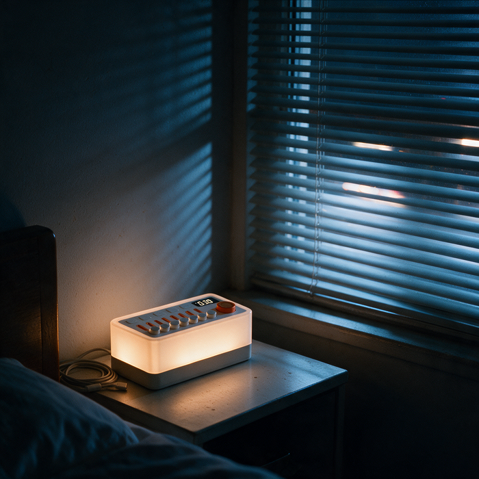 The device glowing on a bedside surface in a main road.