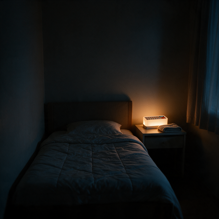 The device glowing on a bedside surface in a spare room.
