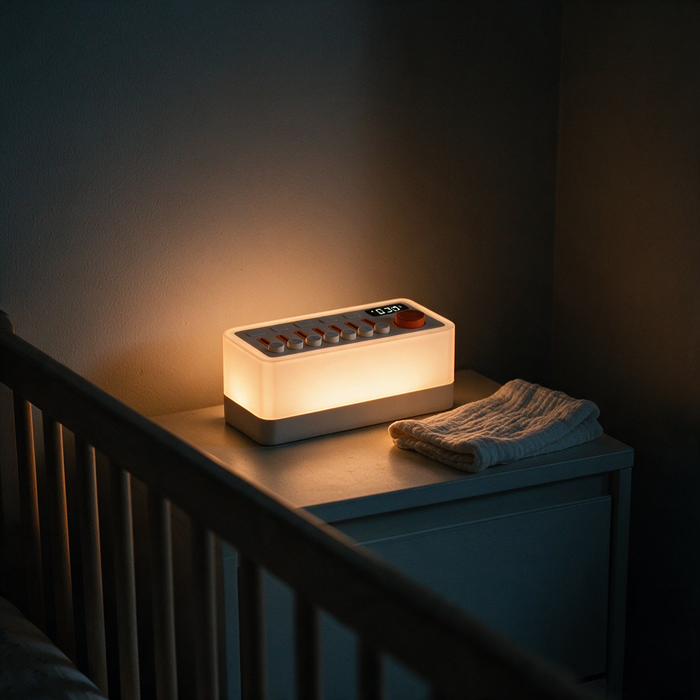 The device glowing on a bedside surface in a nursery.